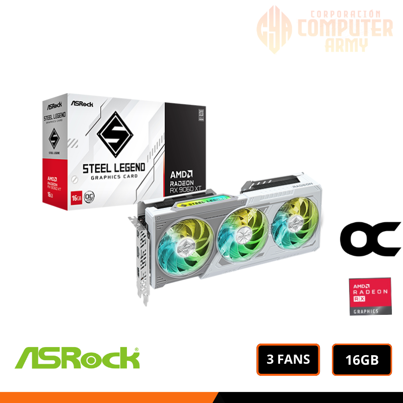 GRAFICAS (2) TARJETA GRAFICA ASROCK AMD RADEON RX 9060XT STEEL LEGEND OC TRIPLE FAN 16GB GDDR6 - Imagen 1