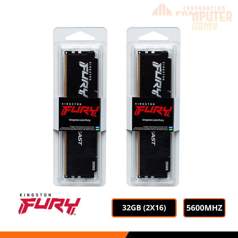 MEMORIAS RAM (6) MEMORIA 32GB (2X16GB) DDR5 KINGSTON FURY BEAST BLACK INTEL XMP BUS 5600MHz - Imagen 1