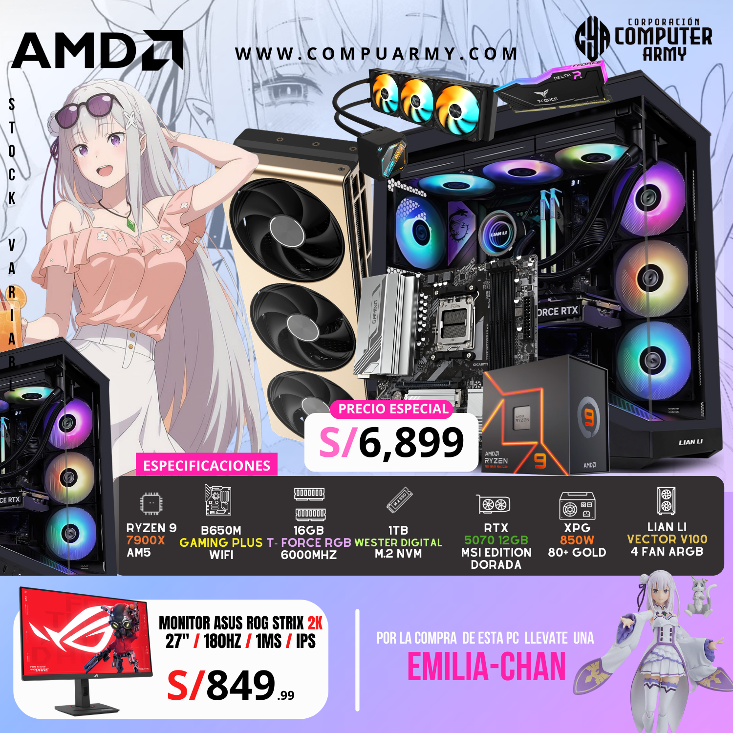 15 PC WAIFU EMILIA - RYZEN 9 7900X + RTX 5070 12GB - Imagen 1