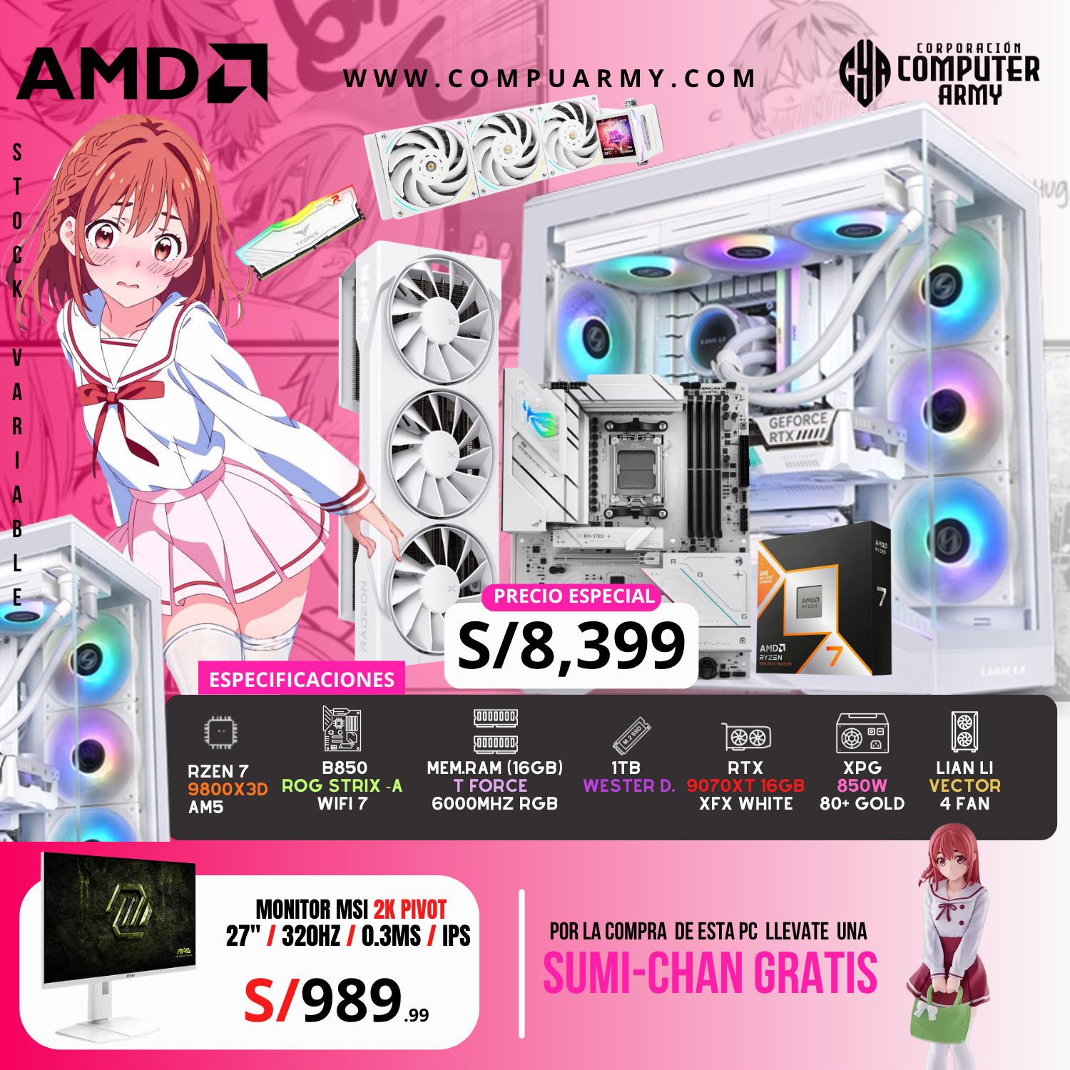 3 PC WAIFU SUMI - RYZEN 7 9800X3D + RX 9070XT 16GB - Imagen 1