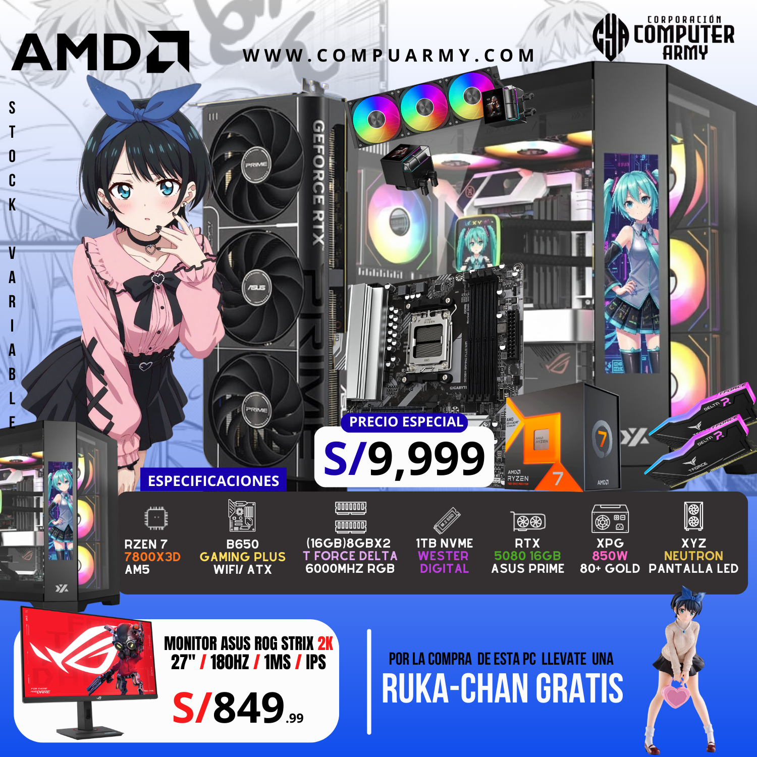 4 PC WAIFU RUKA - RYZEN 7 7800X3D + RTX 5070 12GB - Imagen 1