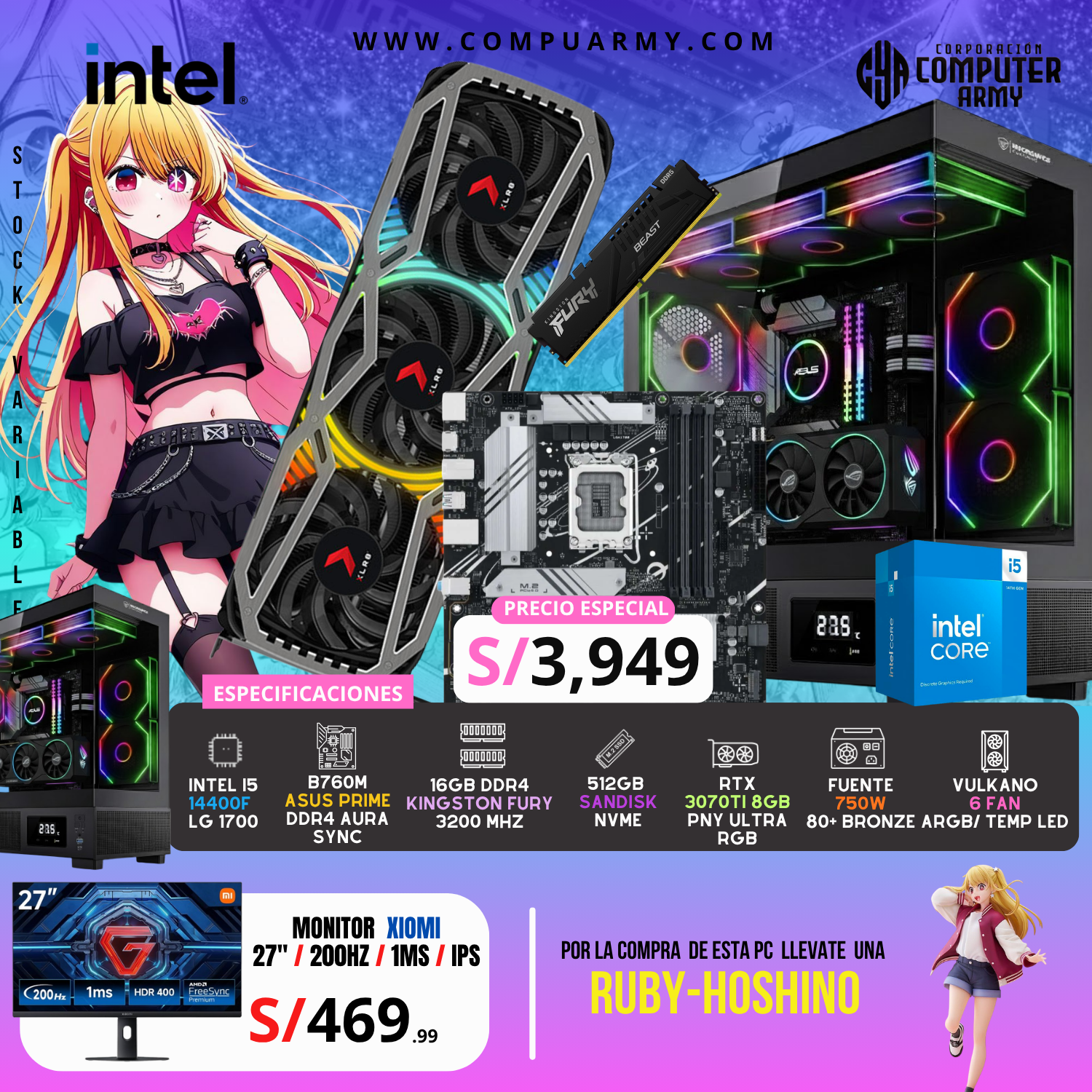 PC WAIFU RUBY HOSHINO EDITION - INTEL I5 14400F + RTX 3070TI - Imagen 1