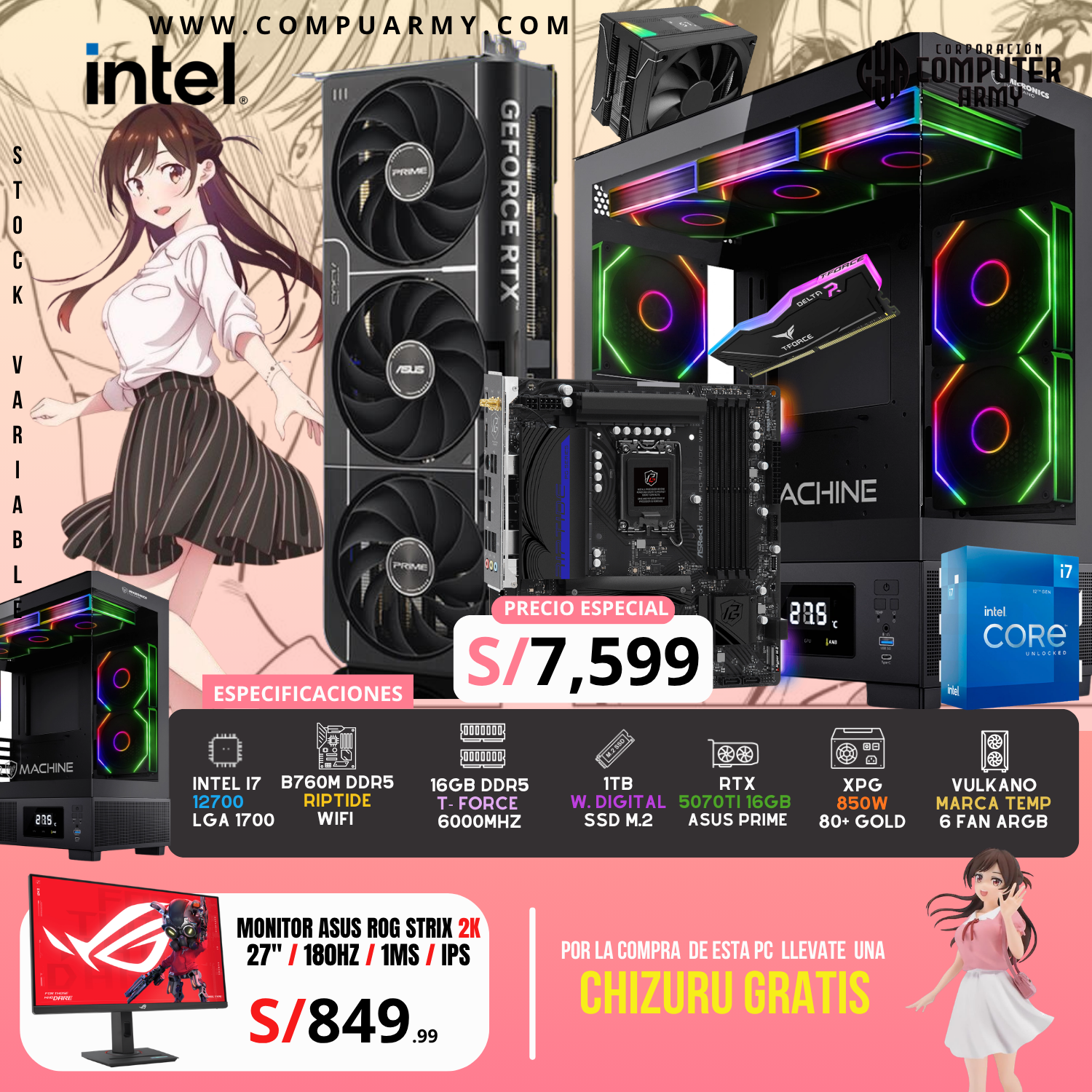 5 PC WAIFU CHIZURU - INTEL I7 12700 + RTX 5070TI 16GB - Imagen 1