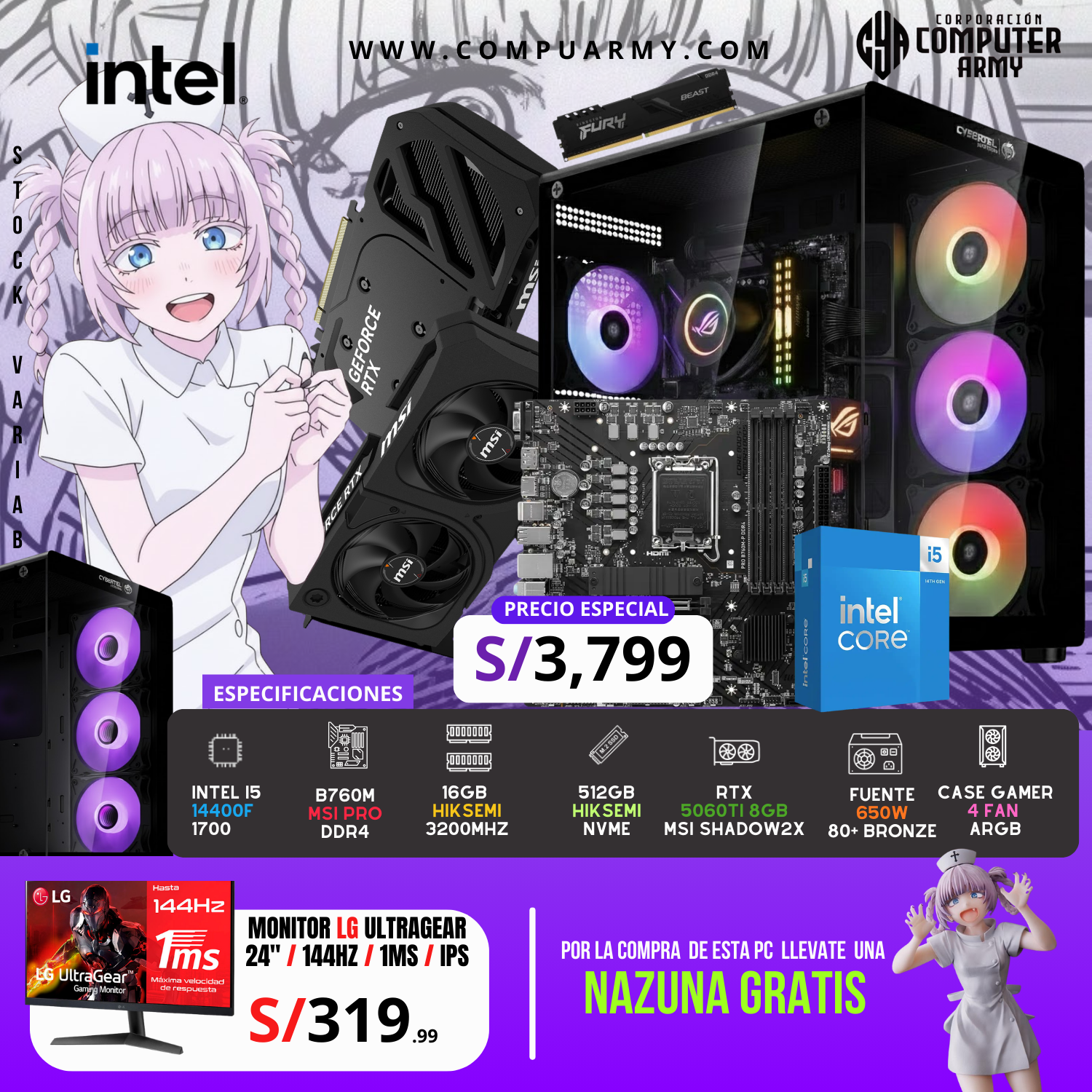 5090 (11) PC WAIFU NAZUNA - INTEL I5 14400F + RTX 5060TI 8GB - Imagen 1