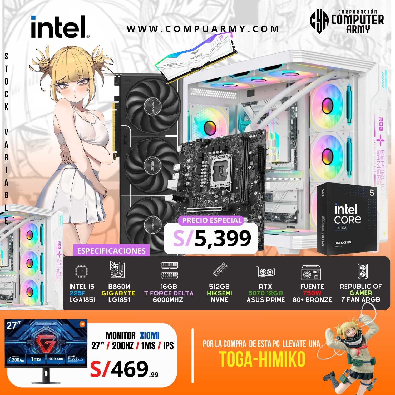 5090 (14) PC WAIFU TOGA - ULTRA 5 225F + RTX 5070 12GB - Imagen 1