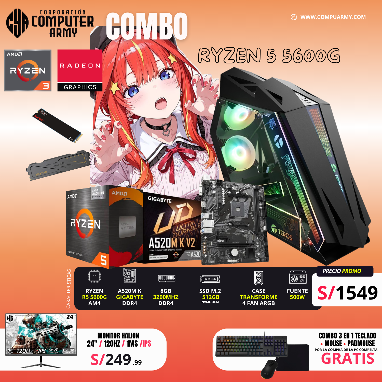 COMBO PC GAMER PRO RYZEN 5 5600G – POWER EDITION - Imagen 1