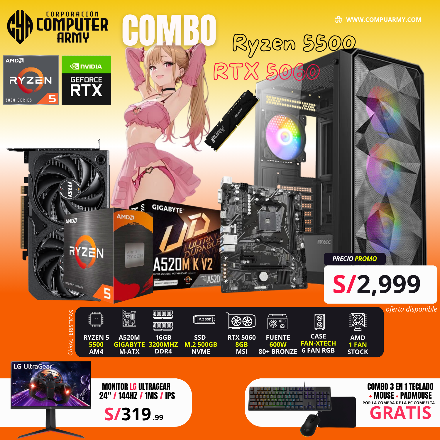 9 COMBO PC RYZEN RYZEN 5 5500 + RTX 5060 8GB - Imagen 1