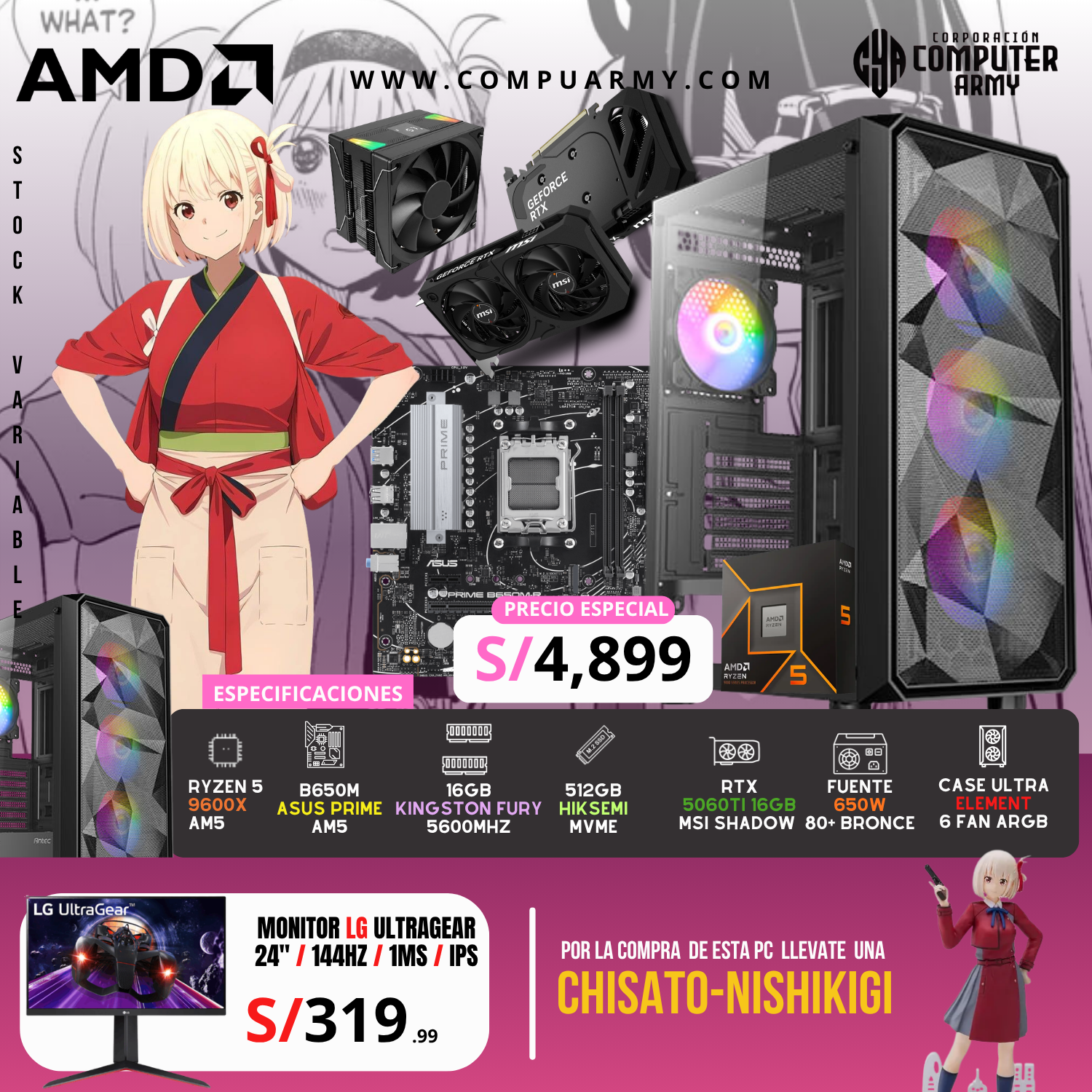 INTEL I5 12400F LGA 1700 (11) PC WAIFU CHISATO - RYZEN 5 9600X + RTX 5060TI 16GB - Imagen 1