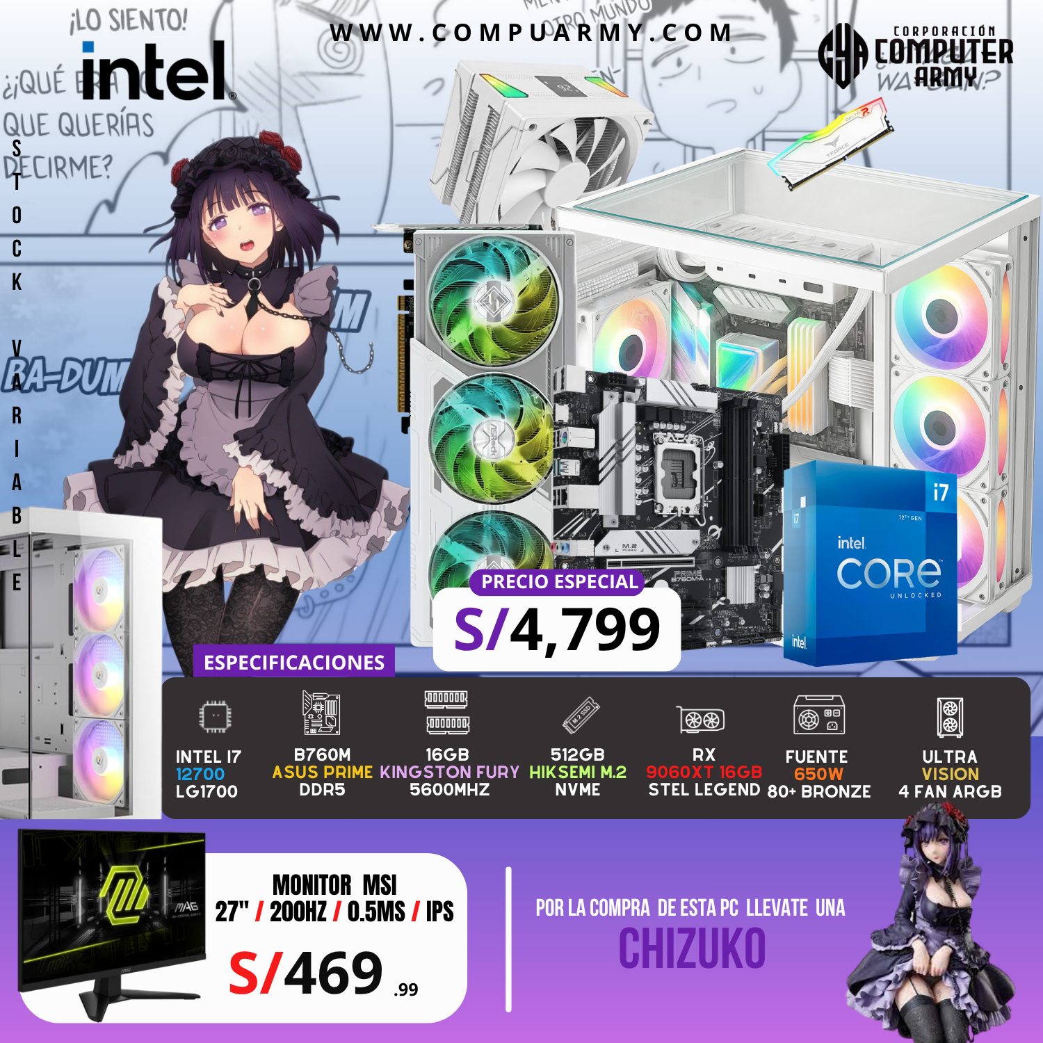 INTEL I5 12400F LGA 1700 (15) PC WAIFU CHIZUKO - INTEL I7 12700KF + RX 9060XT 16GB - Imagen 1