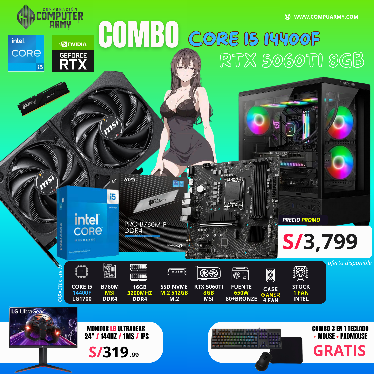 COMBO PC GAMER i5 14400F + RTX 5060TI 8GB – DDR4 ULTRA - Imagen 1