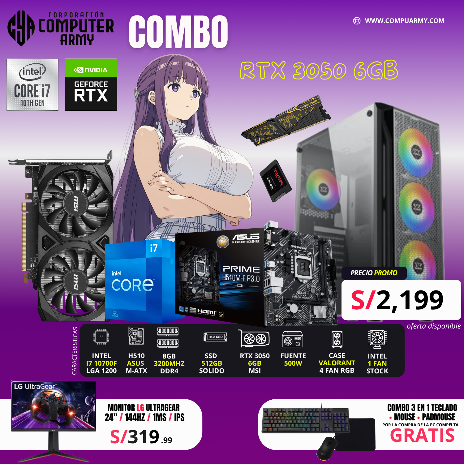 COMBO PC GAMER INTEL I7 10700F + RTX 3050 6GB - Imagen 1