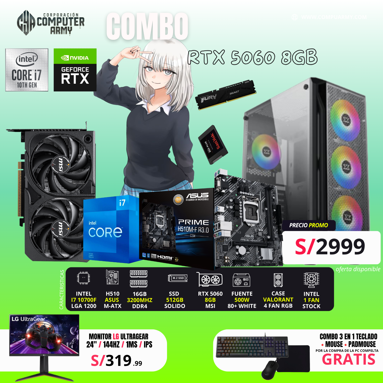 COMBO PC GAMER INTEL I7 10700F + RTX 5060 8GB - Imagen 1