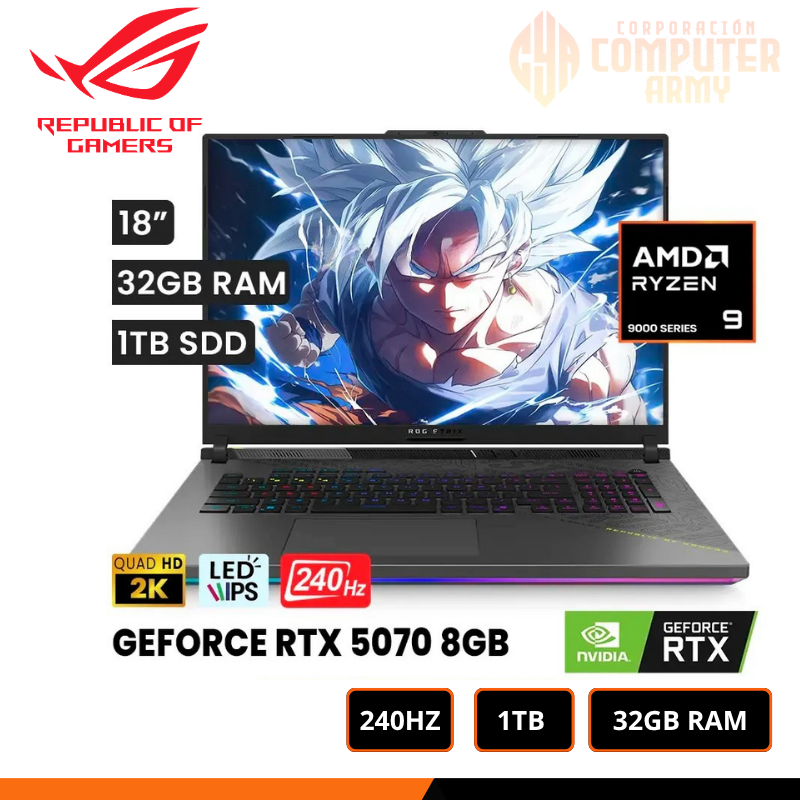 ERP-1945-1.png LAPTOP GAMER ASUS ROG STRIX G18 G814FP-WS96 RYZEN 9 9955HX RTX 5070 8GB 32GB 1TB 18" QHD+ 2560X1600 240HZ WIN11 - Imagen 1